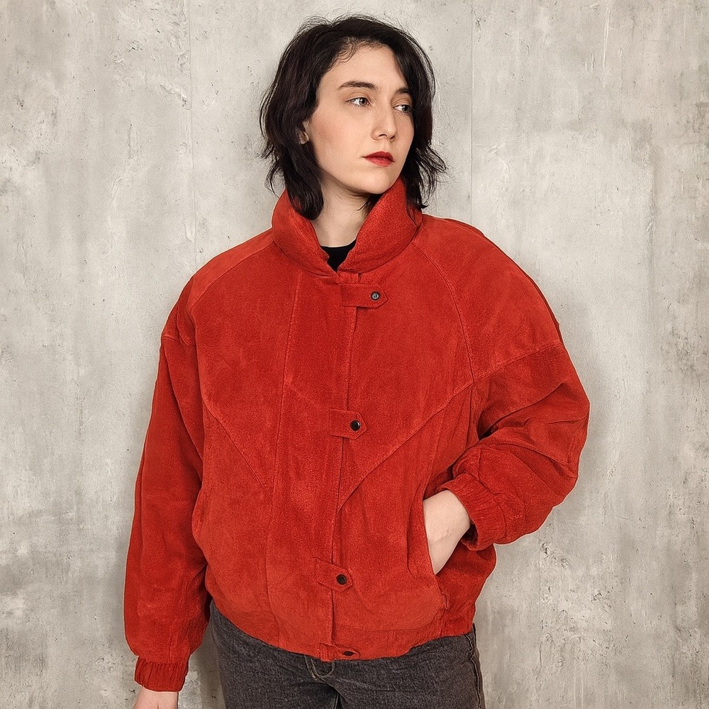 Vintage 80s Women's Red Suede Leather Bomber Jacket‎ The Tannery Korea Size L